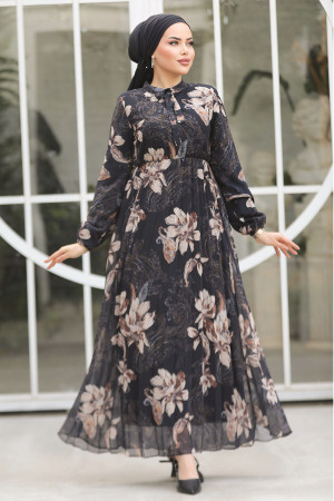 Modest Black Chiffon Floral Dresses 50355S - 1