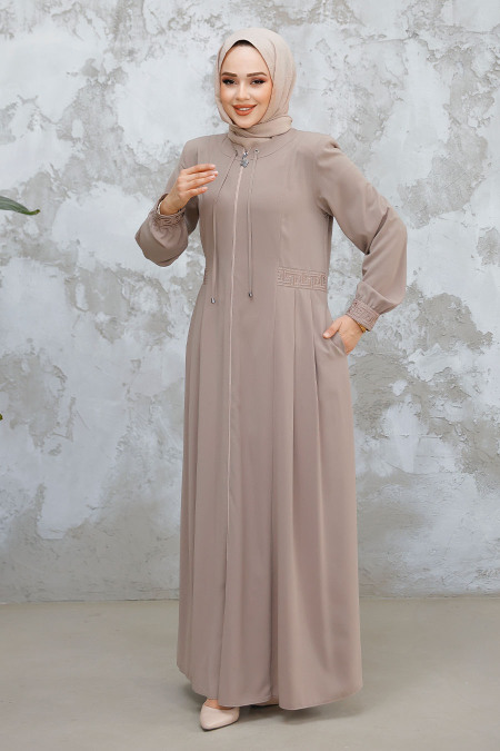 Dark Beige Muslim Turkish Abaya 45271KBEJ - 2