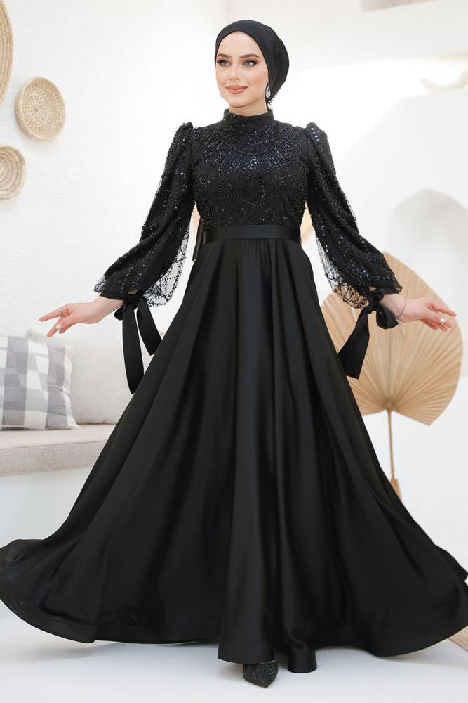 Modest Black Elegant Evening Dress 46671S - 1