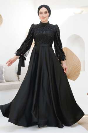 Modest Black Elegant Evening Dress 46671S - 3