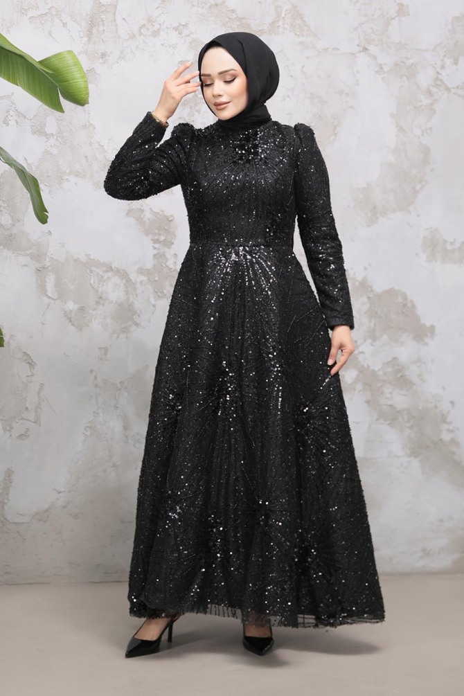 Modest Black Elegant Evening Gown 50461S - 1