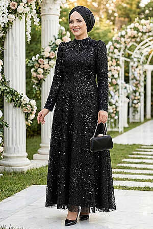 Modest Black Elegant Evening Gown 50461S - TESETTÜRLÜ ABİYE ELBİSELER