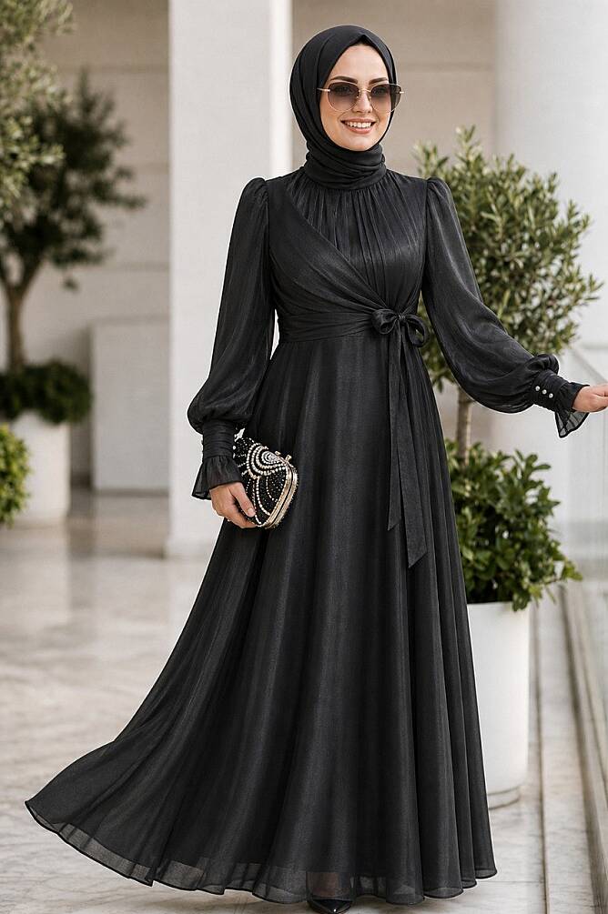 Modest Black Evening Dress 48051S - 1