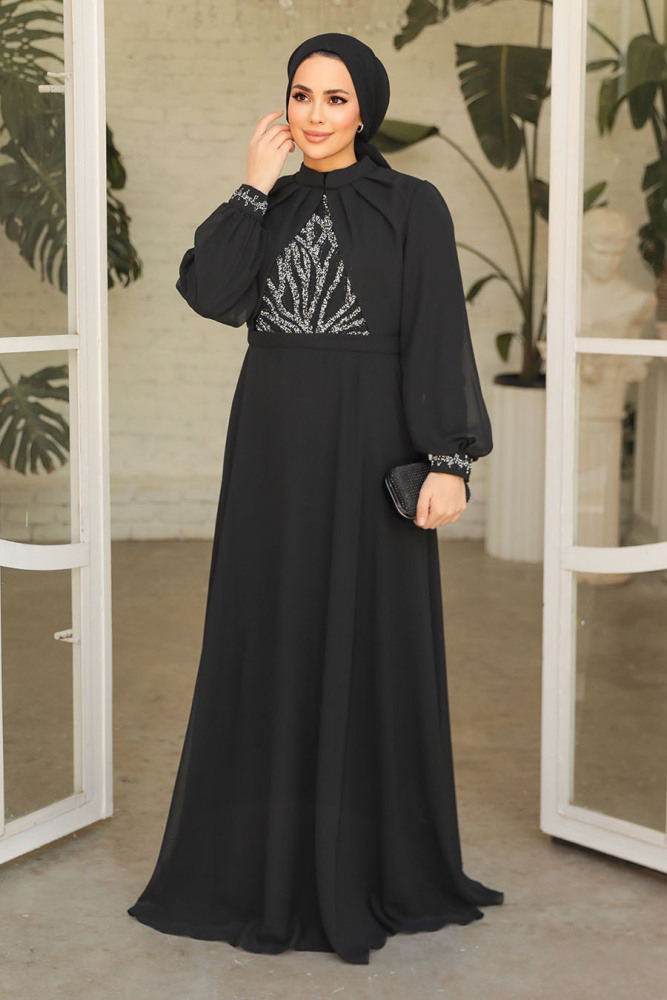 Modest Black Evening Gown 25886S - 2