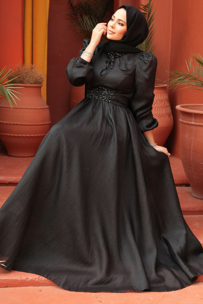 Modest Black Evening Gown 45581S - 2