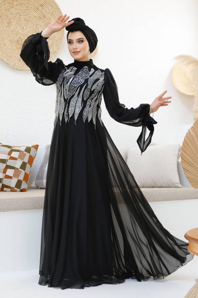 Modest Black Evening Gown With Long Sleeve 46401S - 2