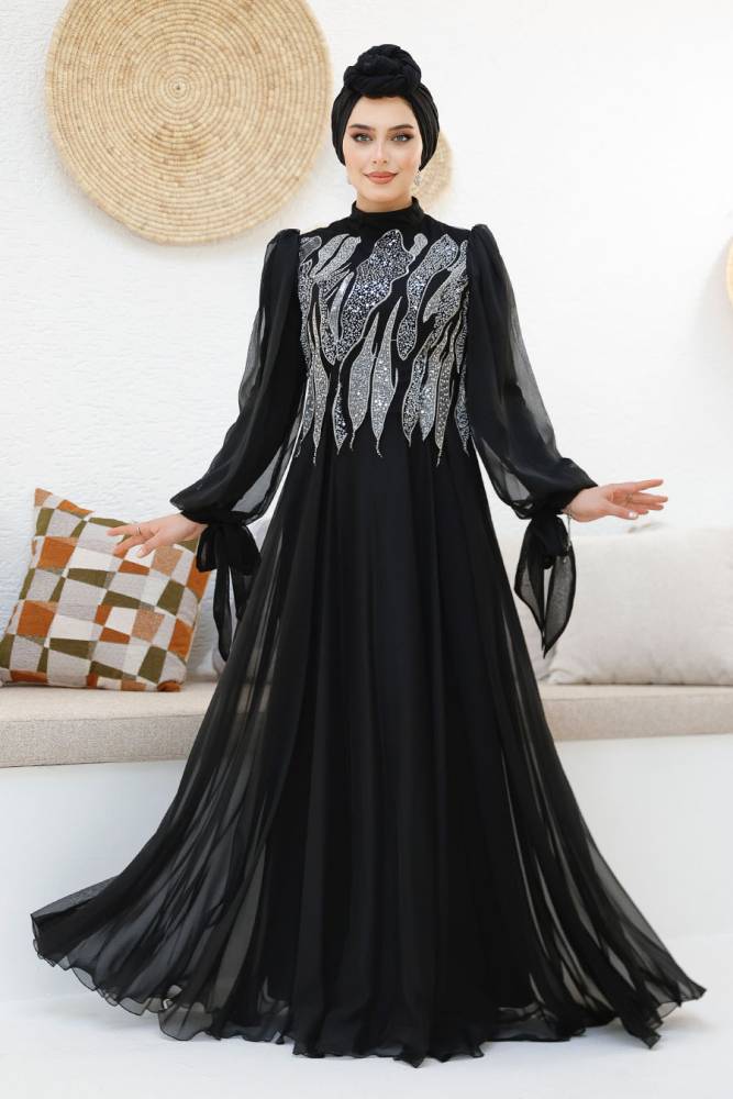 Modest Black Evening Gown With Long Sleeve 46401S - 5