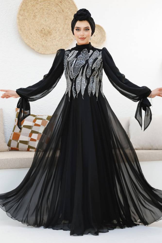 Modest Black Evening Gown With Long Sleeve 46401S - 4