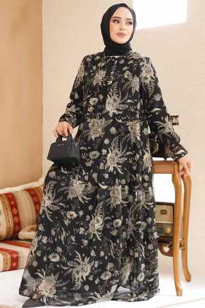 Modest Black Floral Dress 23603S - 2