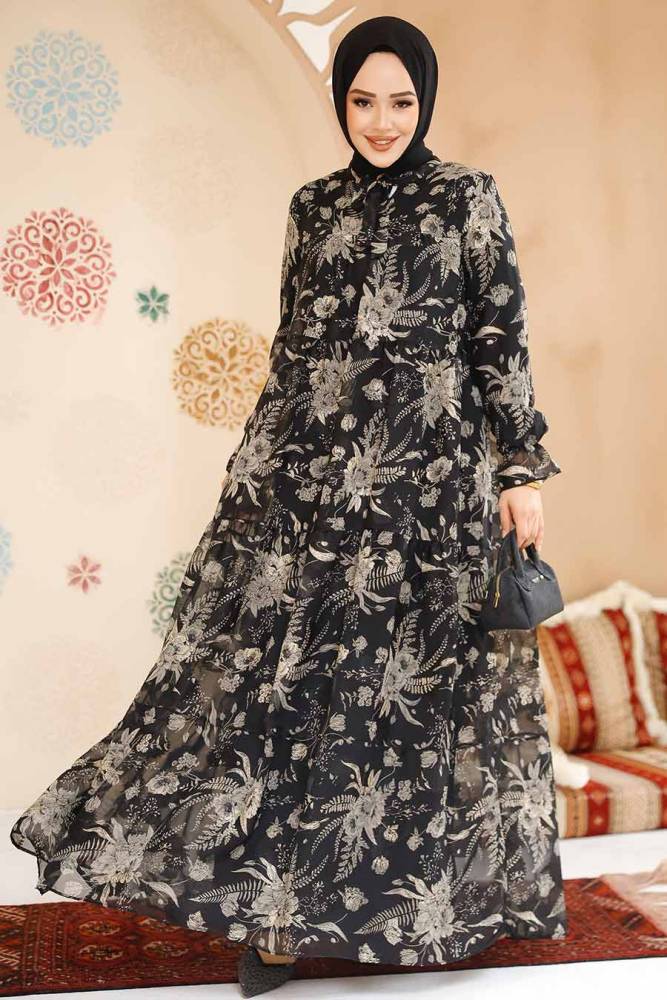 Modest Black Floral Dress 23603S - 1