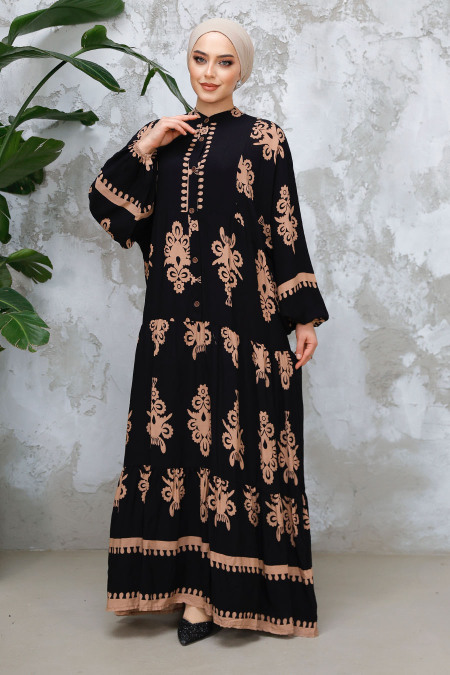 Modest Black Floral Dress 25491S - 3