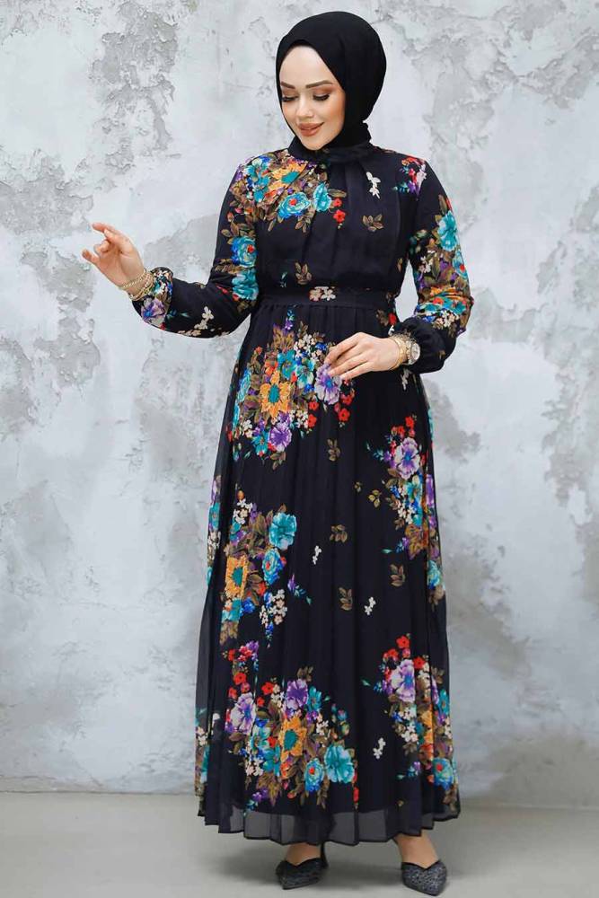 Modest Black Floral Dress 34468S - 2