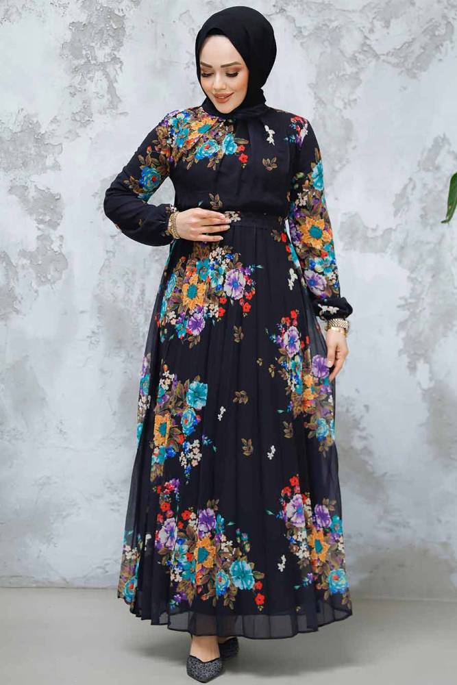 Modest Black Floral Dress 34468S - 1