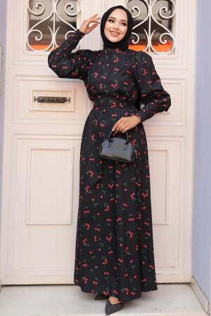 Modest Black Floral Dress 61094S - 1