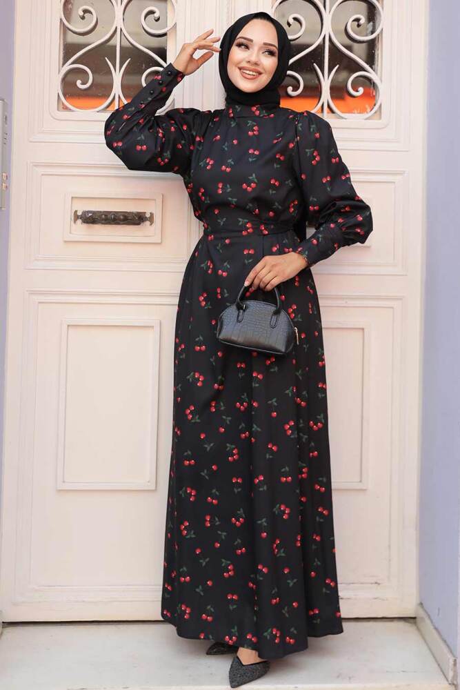 Modest Black Floral Dress 61094S - 1