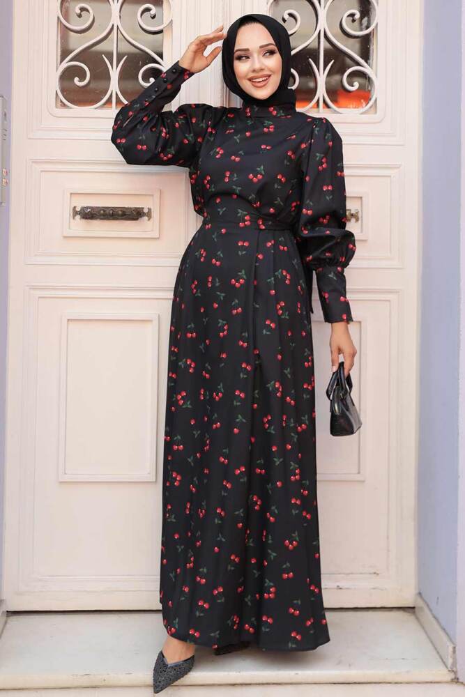 Modest Black Floral Dress 61094S - 2