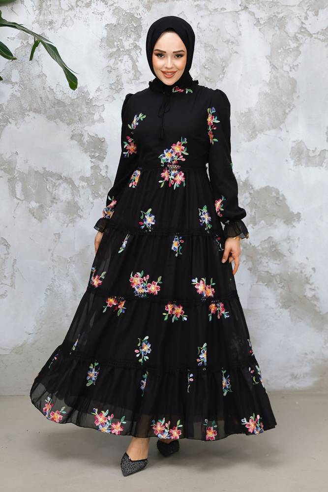 Modest Black Floral Long Dress 32815S - 2