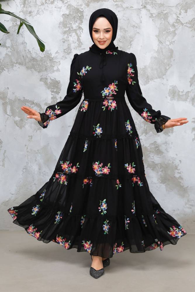 Modest Black Floral Long Dress 32815S - 1