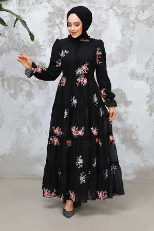 Modest Black Floral Long Dress 32815S - 3