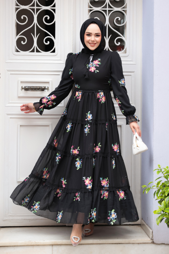 Modest Black Floral Long Dress 32815S - 1