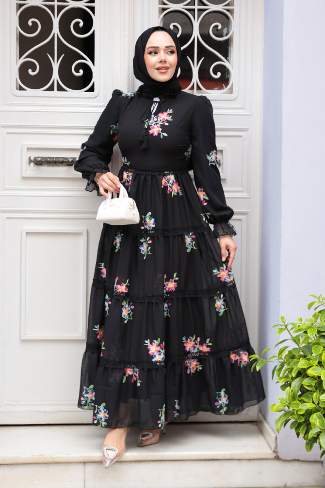 Modest Black Floral Long Dress 32815S - 2