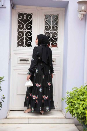 Modest Black Floral Long Dress 32815S - 3