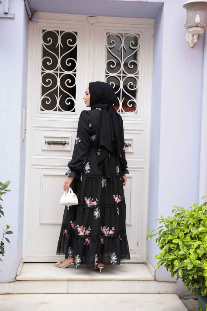 Modest Black Floral Long Dress 32815S - 3