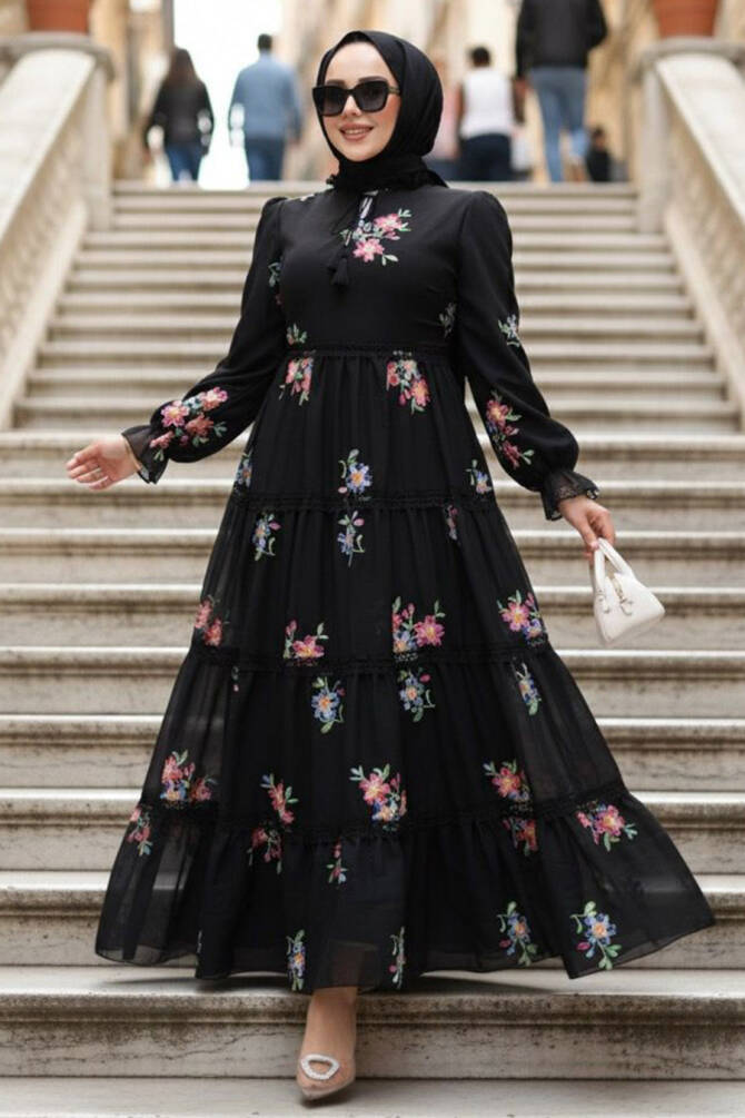 Modest Black Floral Long Dress 32815S - 1