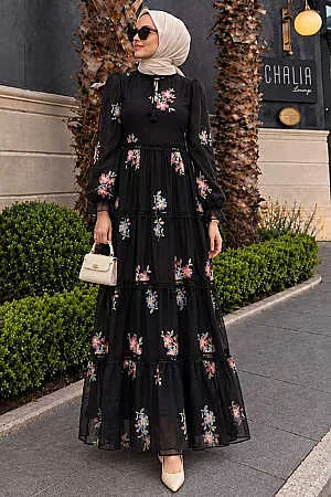Modest Black Floral Long Dress 32815S - NEVA STYLE