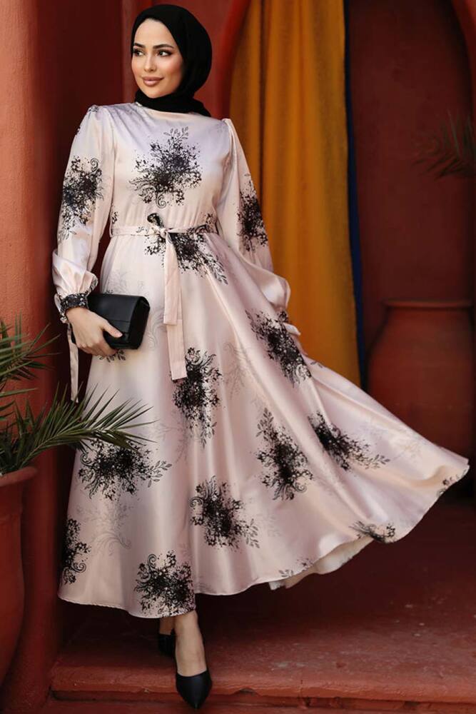 Modest Black Floral Long Sleeve Dress 60911S - 3