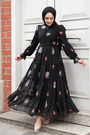 Modest Black Floral Maxi Dress 32816S 