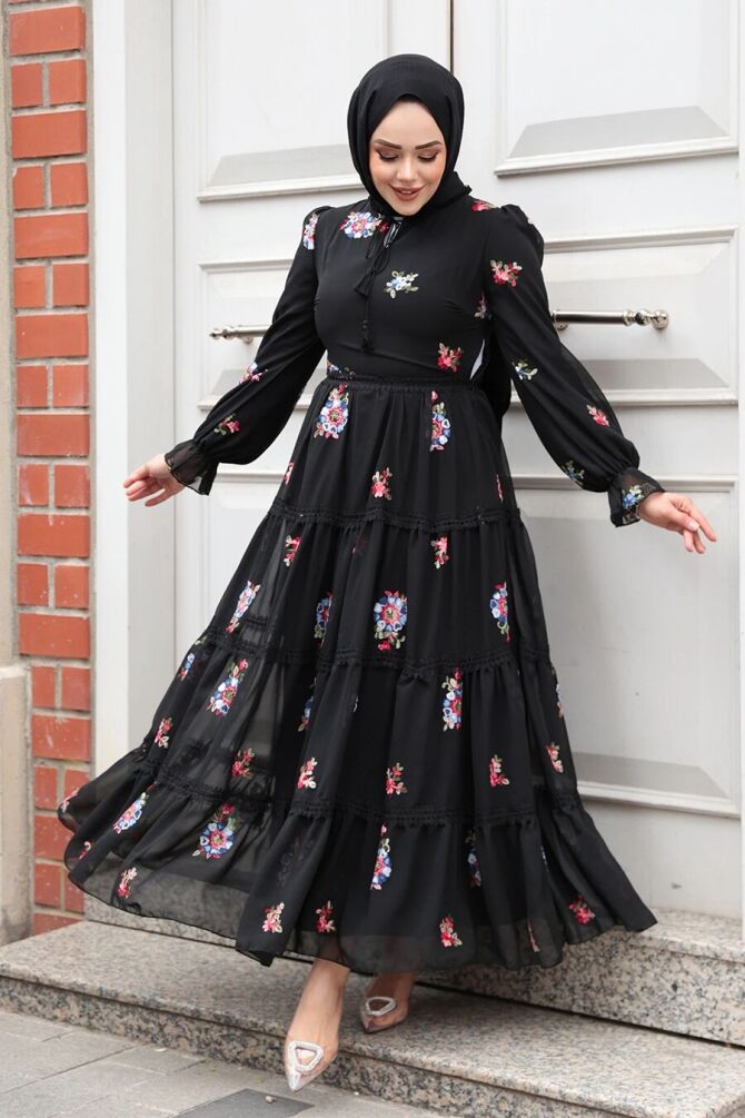 Modest Black Floral Maxi Dress 32816S - 1