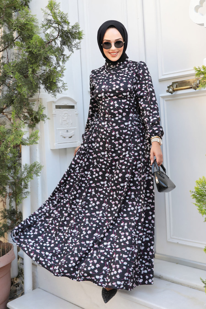 Modest Black Floral Maxi Dress 61071S - 2