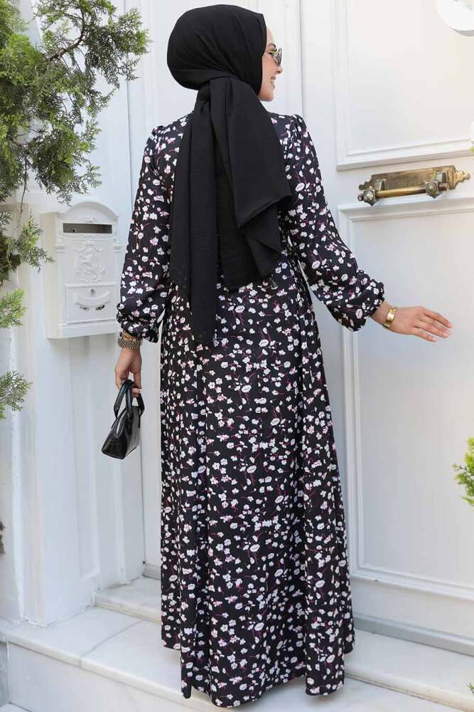 Modest Black Floral Maxi Dress 61071S - 3