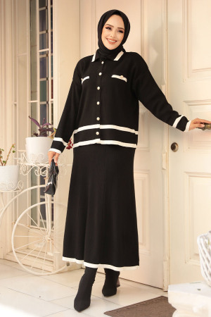 Modest Black Knitwear Dual Skirt Suit 23326S - 1