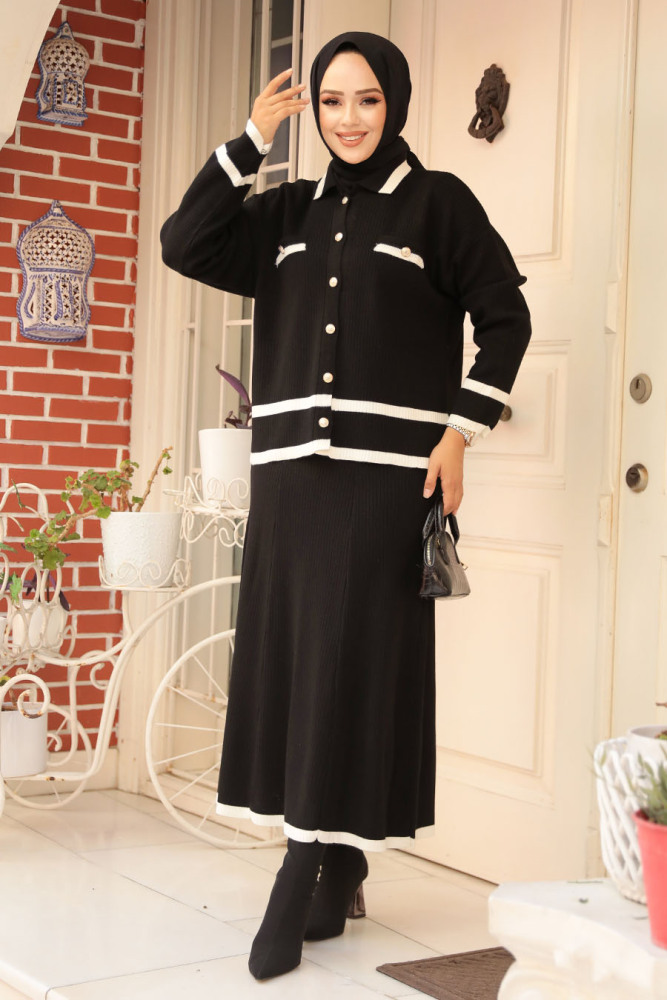 Modest Black Knitwear Dual Skirt Suit 23326S - 2