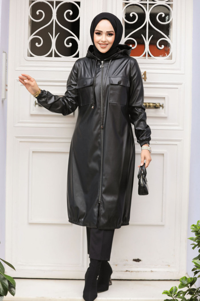 Modest Black Leather Coat 5031S - 2