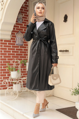 Modest Black Leather Coat 656S - 2