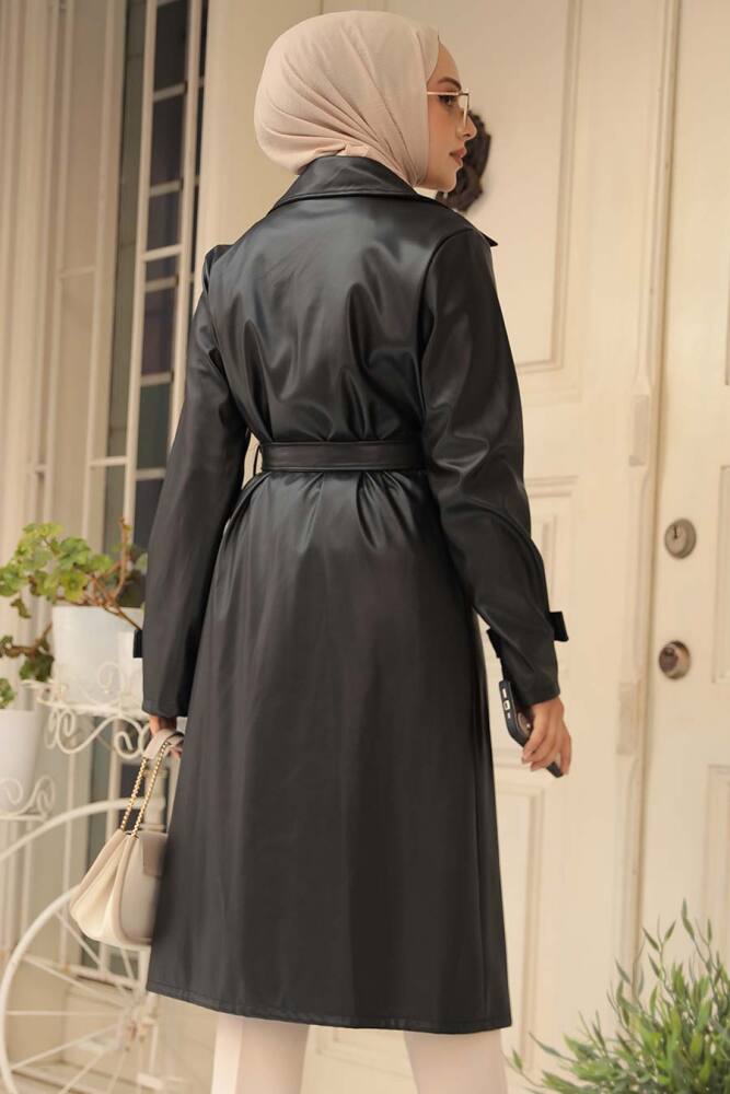 Modest Black Leather Coat 656S - 3