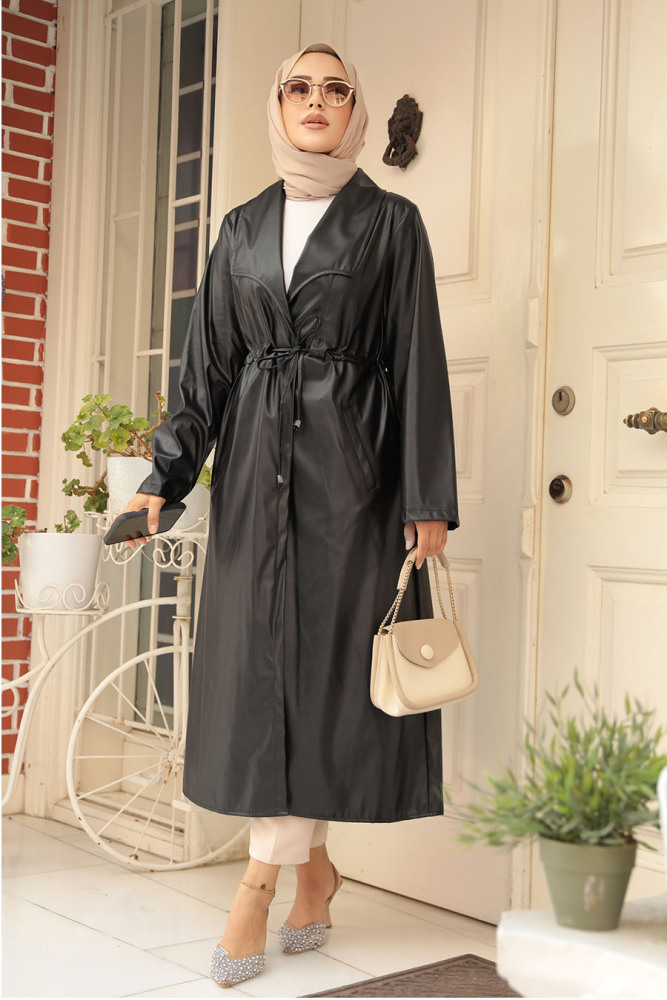 Modest Black Leather Coat 682S - 3