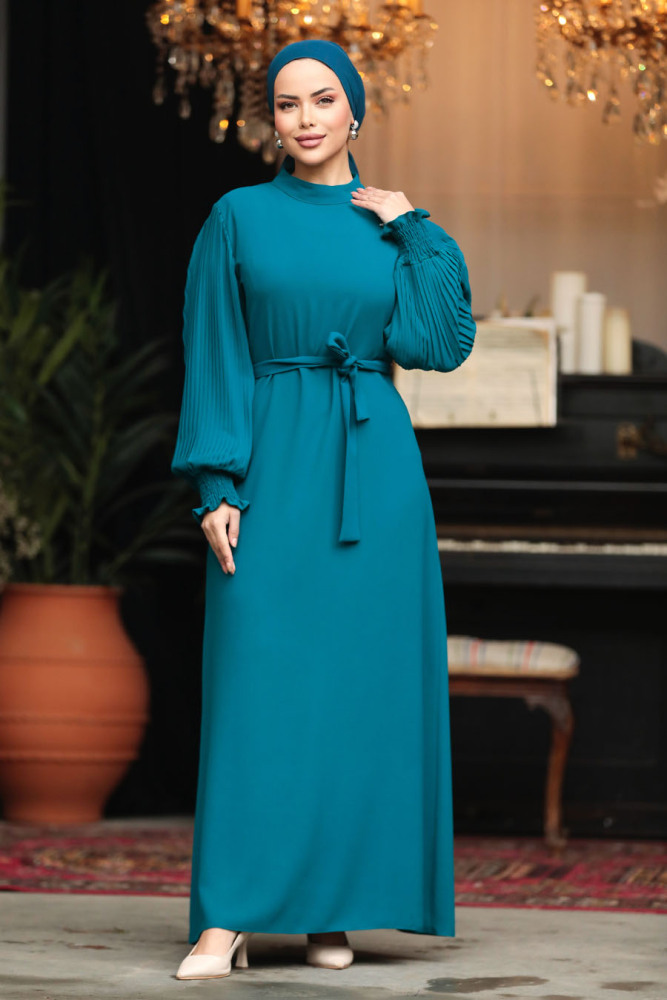 Modest Petrol Green Long Dress 30013PY - 2
