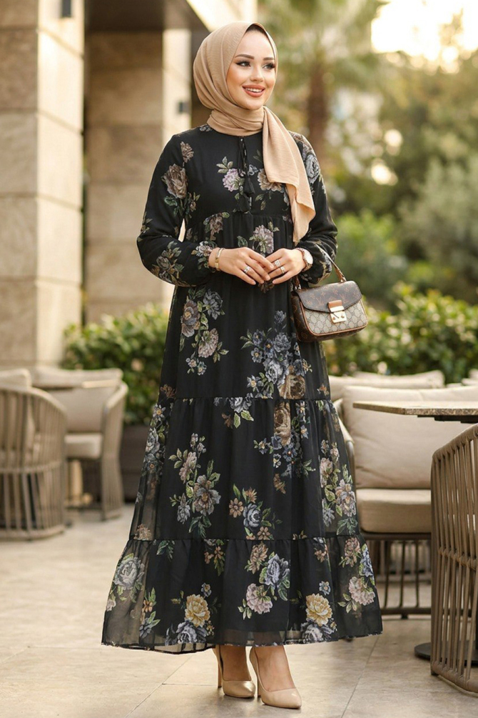 Modest Black Long Floral Dress 22052S - 1