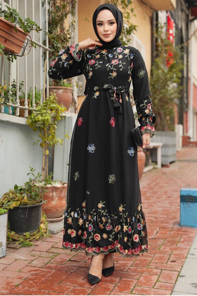 Modest Black Long Floral Dress 23234S - 2
