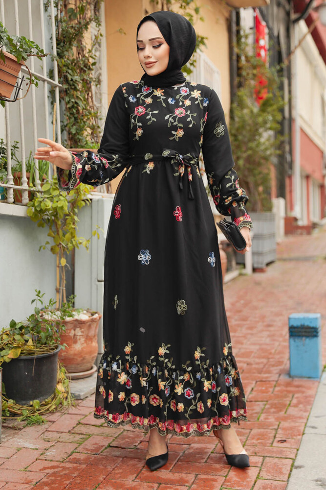 Modest Black Long Floral Dress 23234S - 3