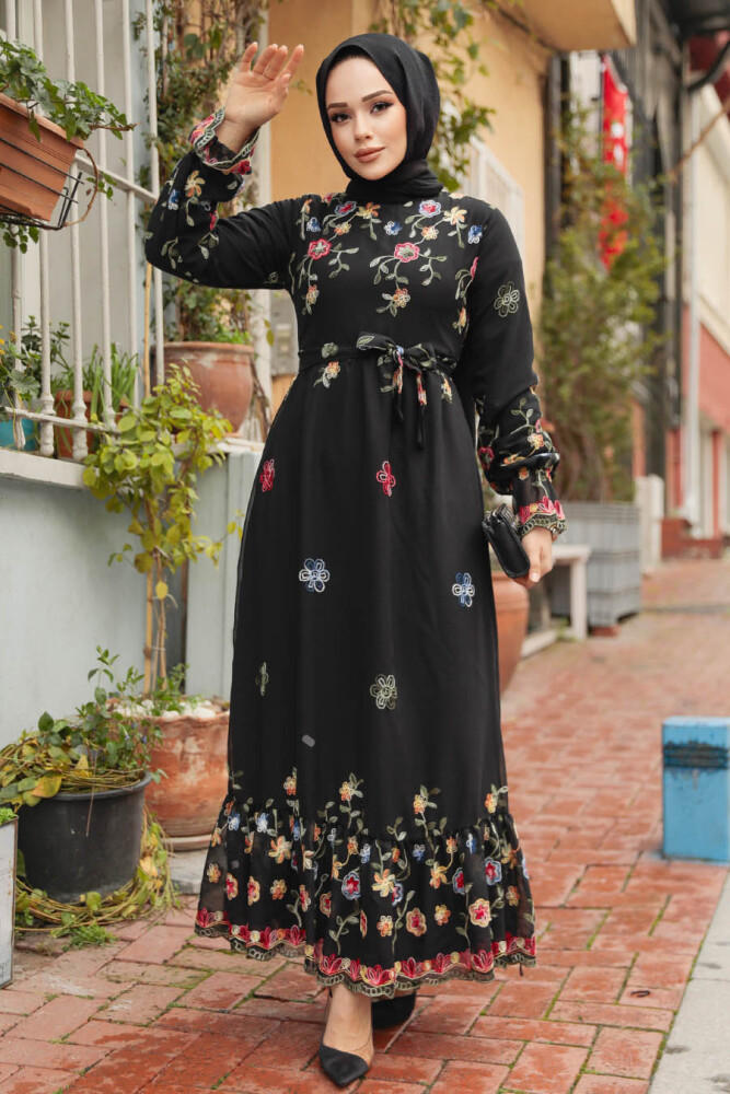 Modest Black Long Floral Dress 23234S - 1