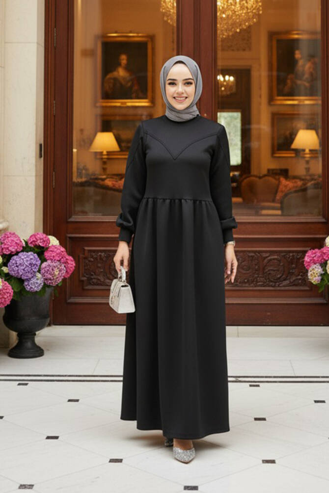 Modest Black Long Sleeve Dress 36902S - 1