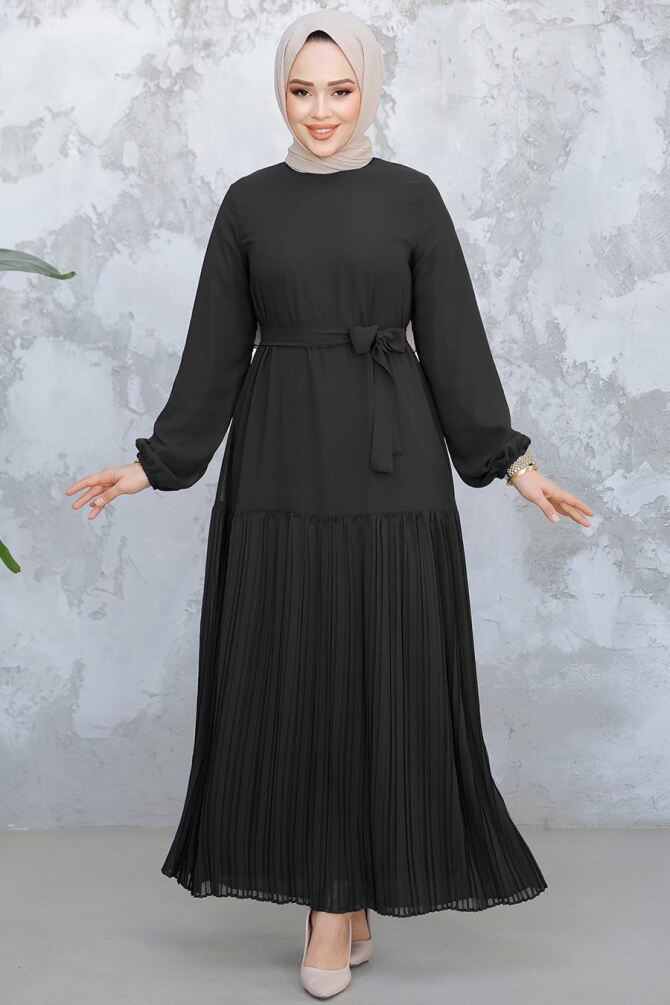 Modest Black Pleated Long Dress 23771S - 1