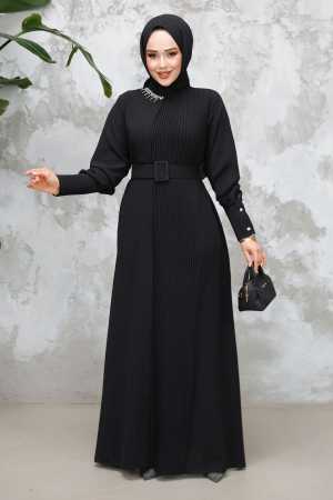 Modest Black Plus Size Pleated Dress 65879S - 1