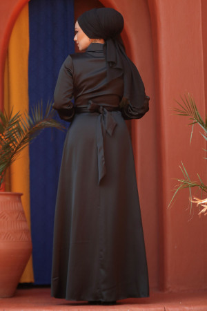 Modest Black Satin Dress 45661S - 3