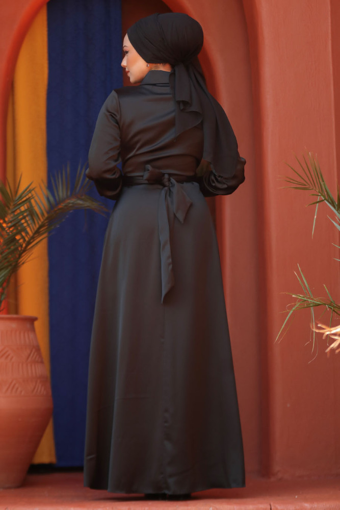 Modest Black Satin Dress 45661S - 3